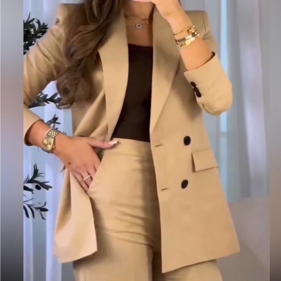 ZARA LINEN BLEND DOUBLE BREASTED BLAZER SAND. SIZE MEDIUM - Picture 5 of 8